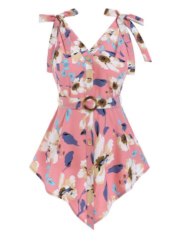 Asymmetric Tie Shoulder Floral Print Tank Top