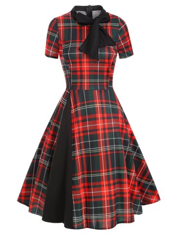 Bow Tie Plaid Vintage Midi Dress