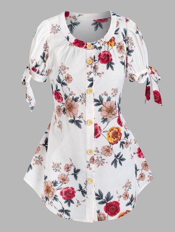 Button Front Tie Sleeve Floral Blouse