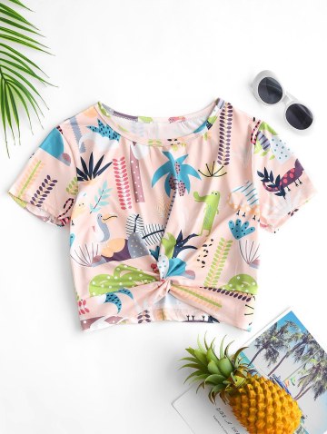 Cartoon Plant Animal Print Twist Crop Tee