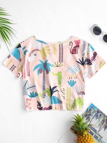 Cartoon Plant Animal Print Twist Crop Tee