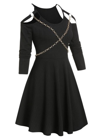 Chain Detail Ribbed Cold Shoulder Gothic Dress