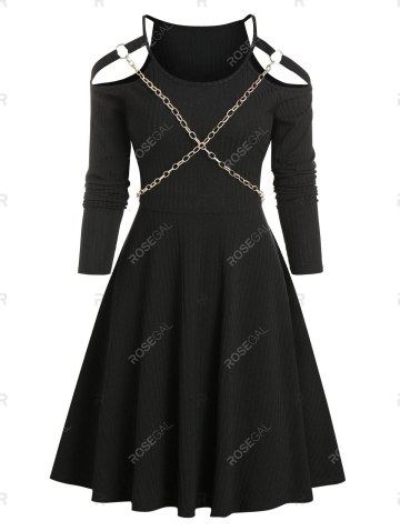Chain Detail Ribbed Cold Shoulder Gothic Dress