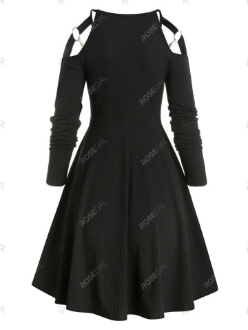 Chain Detail Ribbed Cold Shoulder Gothic Dress