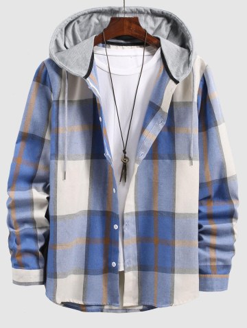 Check Print Contrasting Hooded Shirt