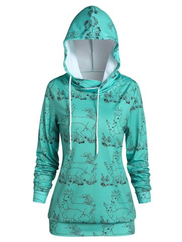 Christmas Elk Couple Print Drawstring Pullover Hoodie