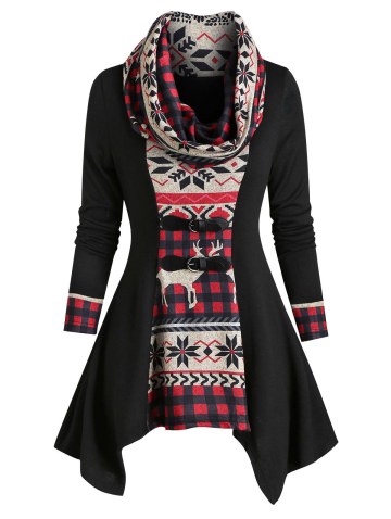 Christmas Elk Plaid Buckle Embellished Handkerchief Top