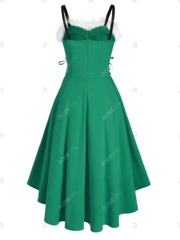 Christmas Faux Fur Panel Lace Up Dip Hem Dress