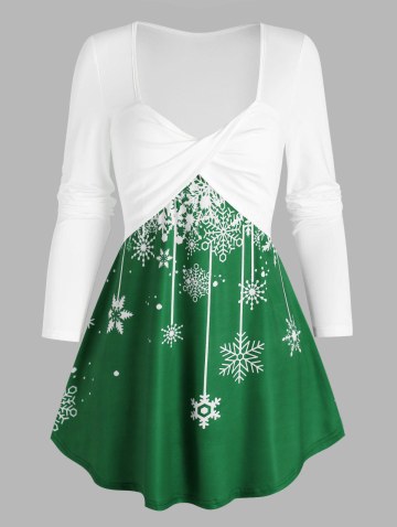 Christmas Front Twist Colorblock Snowflake Print Tee