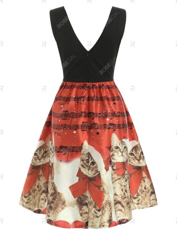 Christmas Musical Notes And Cats Print Dress