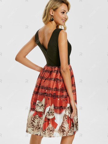 Christmas Musical Notes And Cats Print Dress