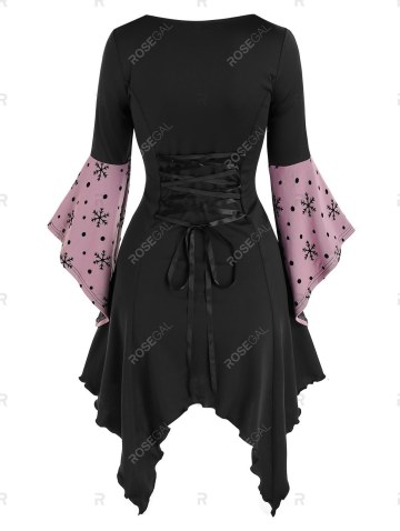 Christmas Snowflake Print Lace-up Handkerchief Twofer Dress
