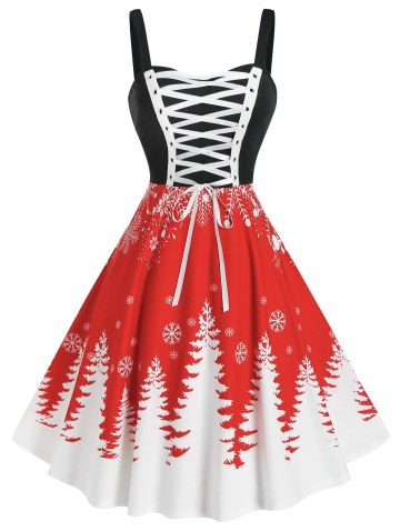 Christmas Tree Print Lace Up Dress