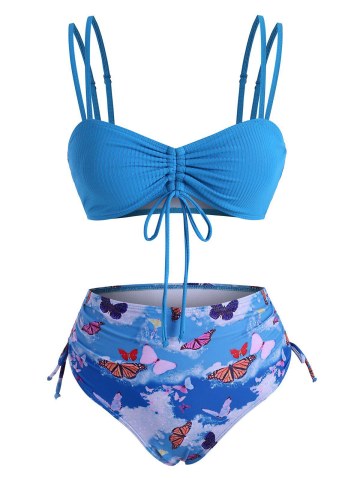 Cinched Ribbed Butterfly Print Bikini Swimwear