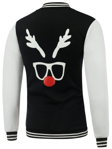Color Block Christmas Deer Horn Print Baseball Jacket