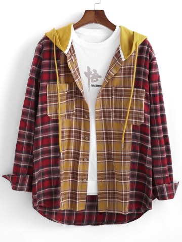 Colorblock Plaid Patchwork Hooded Shirt Jacket