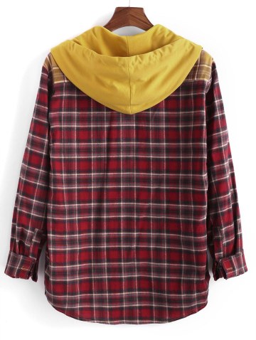 Colorblock Plaid Patchwork Hooded Shirt Jacket