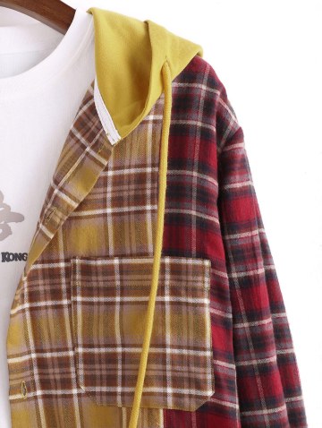 Colorblock Plaid Patchwork Hooded Shirt Jacket