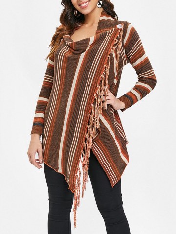 Cowl Neck Asymmetrical Fringe Striped Cardigan