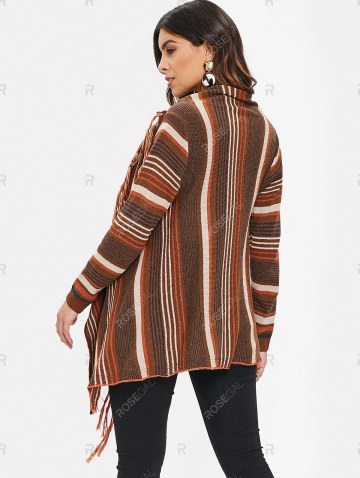 Cowl Neck Asymmetrical Fringe Striped Cardigan