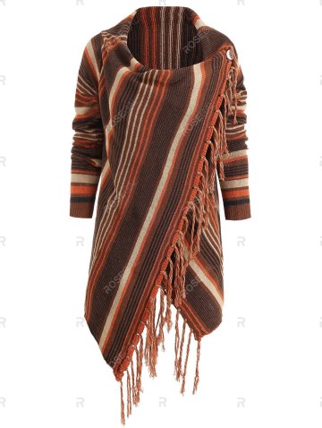 Cowl Neck Asymmetrical Fringe Striped Cardigan