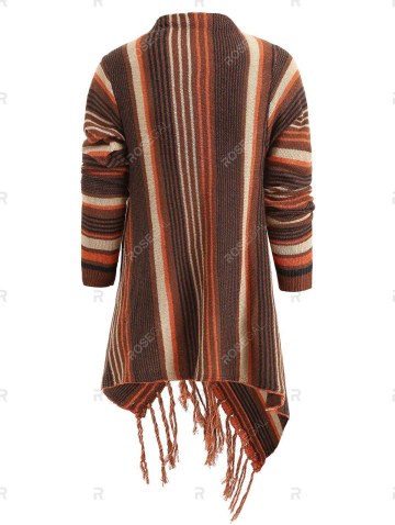 Cowl Neck Asymmetrical Fringe Striped Cardigan