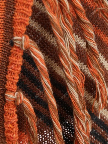 Cowl Neck Asymmetrical Fringe Striped Cardigan