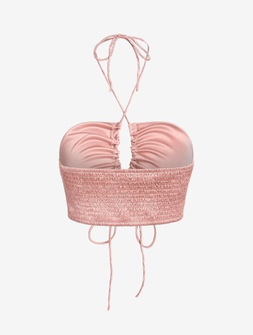 Criss Cross Halter Cut Out Smocked Open Back Crop Top