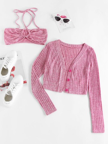 Criss Cross Halter Heathered Ribbed Button Up Top Set