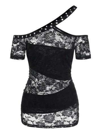 Cut Out Flower Lace Skew Neck T-shirt