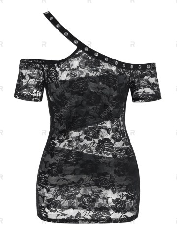 Cut Out Flower Lace Skew Neck T-shirt