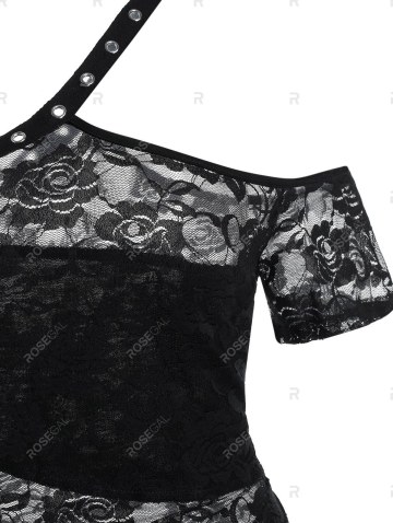 Cut Out Flower Lace Skew Neck T-shirt