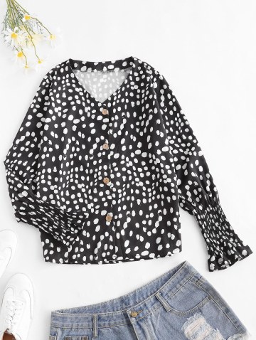 Dots Pattern Smocked Poet Sleeve Blouse