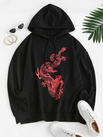 Drawstring Oriental Dragon Print Boyfriend Hoodie
