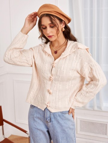 Drop Shoulder Cable Knit Horn Button Cardigan