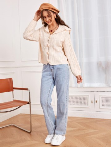 Drop Shoulder Cable Knit Horn Button Cardigan