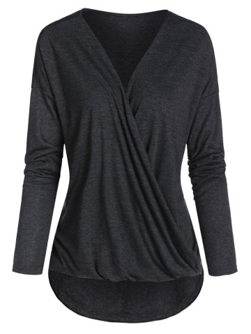 Drop Shoulder Heathered High Low Surplice T-shirt