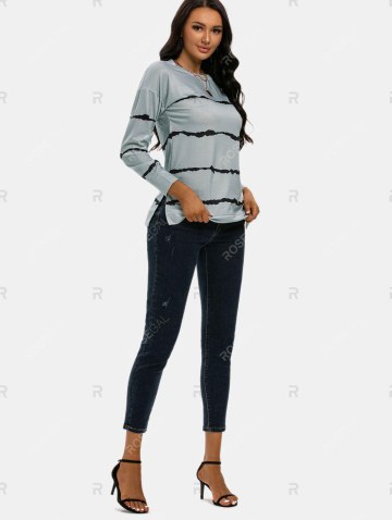 Drop Shoulder Striped Slit T Shirt