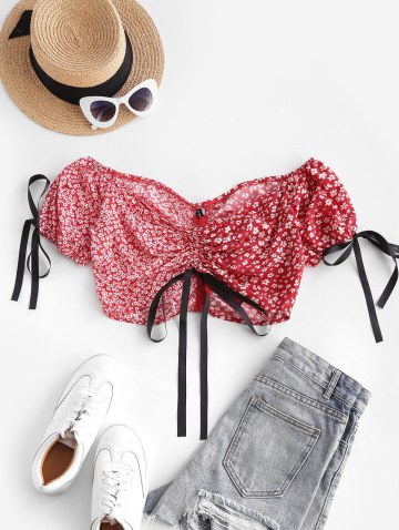 Floral Colorblock Cinched Puff Sleeve Crop Blouse