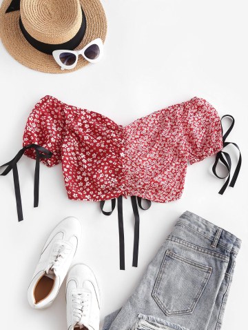 Floral Colorblock Cinched Puff Sleeve Crop Blouse