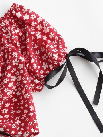 Floral Colorblock Cinched Puff Sleeve Crop Blouse