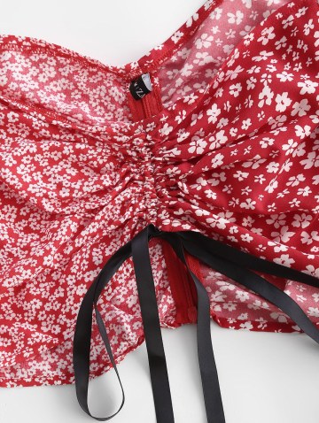 Floral Colorblock Cinched Puff Sleeve Crop Blouse