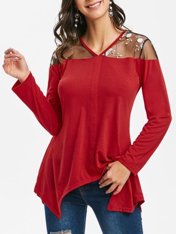Floral Embroidered Mesh Panel V Neck Top