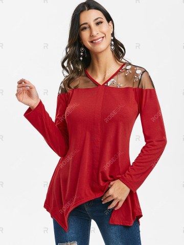 Floral Embroidered Mesh Panel V Neck Top