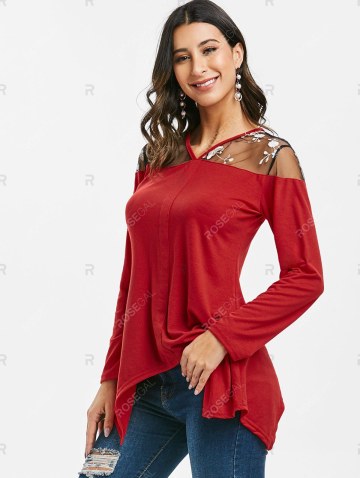 Floral Embroidered Mesh Panel V Neck Top