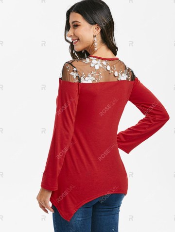 Floral Embroidered Mesh Panel V Neck Top