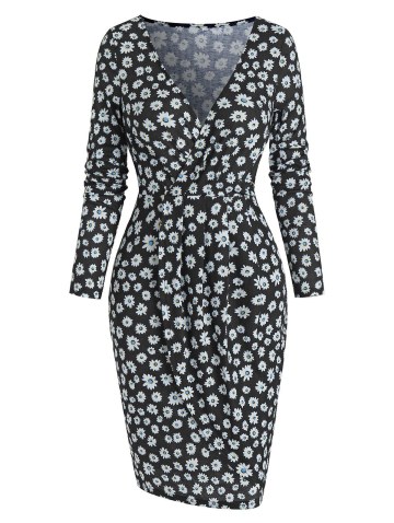 Floral Print Long Sleeve Mini Surplice Dress
