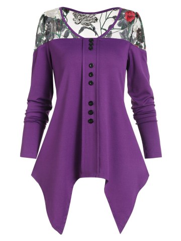 Flower Embroidered Lace Insert Mock Button Handkerchief T-shirt