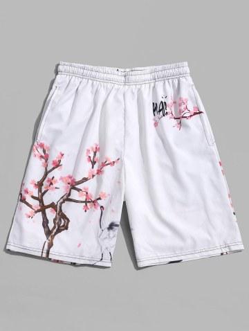 Flower Flying Crane Print Beach Shorts