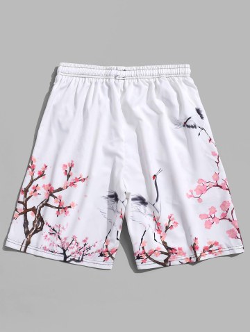 Flower Flying Crane Print Beach Shorts